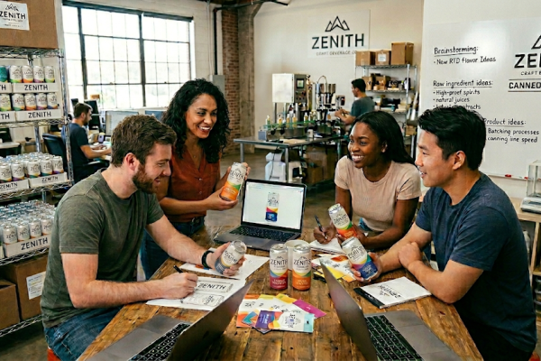 Beverage startup founders reviewing product development plans
